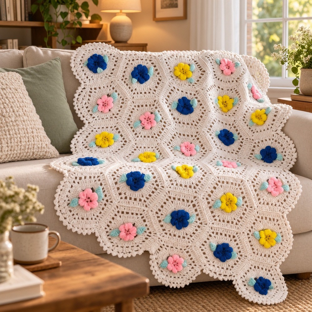 Handmade Crochet Floral Granny Square Afghan Throw Blanket White 47x36